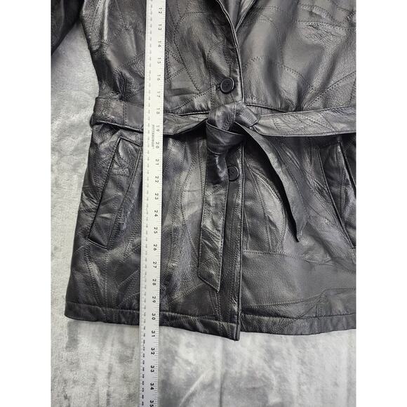 Vintage 90s Leather Works Patchwork Tie Waist Leather Jacket Size M Black Lined - Picture 11 of 11